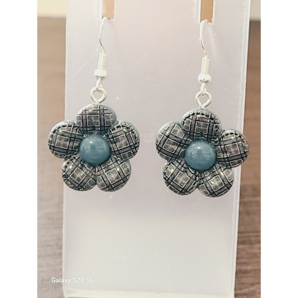 Handmade Blue Plaid Flower Resin Drop Earrings Silver French Hook Floral Dangle - Picture 3 of 9
